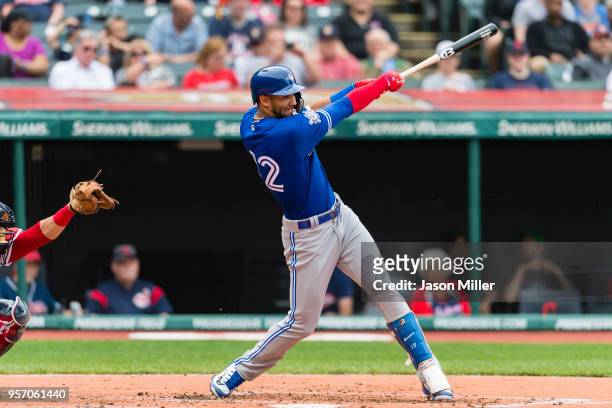 Lourdes Gurriel of the Toronto Blue Jays hits a double during the second inning against the Cleveland Indians at Progressive Field on May 3, 2018 in...