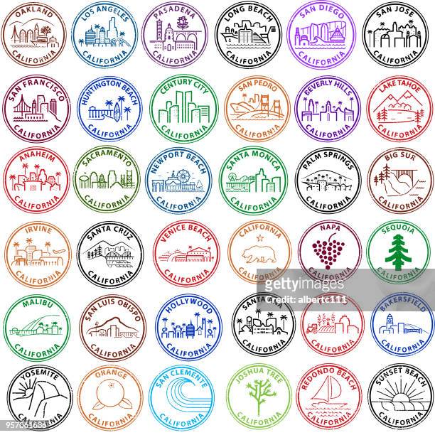 series of california cities and locations in stamp form - beverly hills california stock illustrations