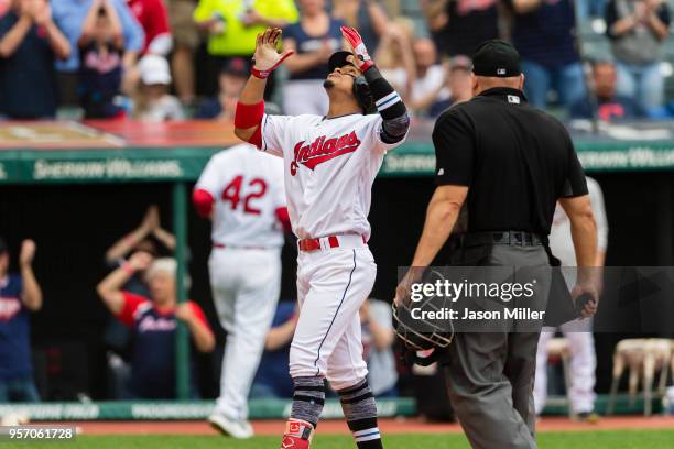 Francisco Lindor of the Cleveland Indians celebrates after hitting a three run home run during the fourth inning against the Toronto Blue Jays at...