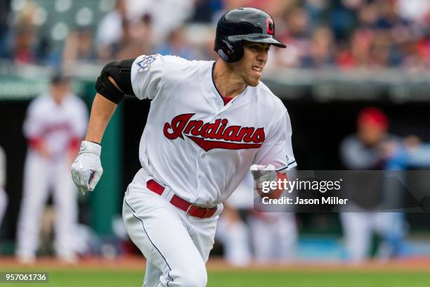 Bradley Zimmer of the Cleveland Indians hits a 2 RBI single during the fourth inning against the Toronto Blue Jays at Progressive Field on May 3,...