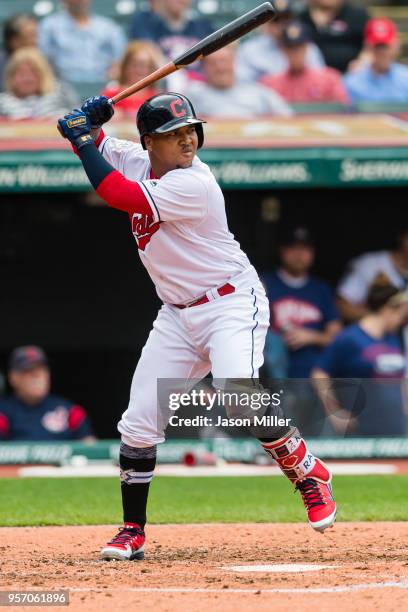 Jose Ramirez of the Cleveland Indians at bat during the third inning against the Toronto Blue Jays at Progressive Field on May 3, 2018 in Cleveland,...