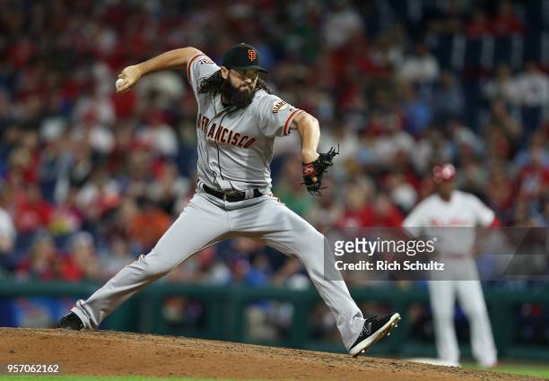 Cory Gearrin of the San Francisco Giants in action against the Philadelphia Phillies during a game at Citizens Bank Park on May 8, 2018 in...
