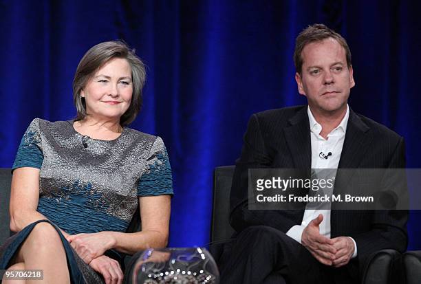 Actress Cherry Jones and actor/executive producer Kiefer Sutherland speak onstage at the FOX "24" portion of the 2010 Winter TCA Tour day 3 at the...
