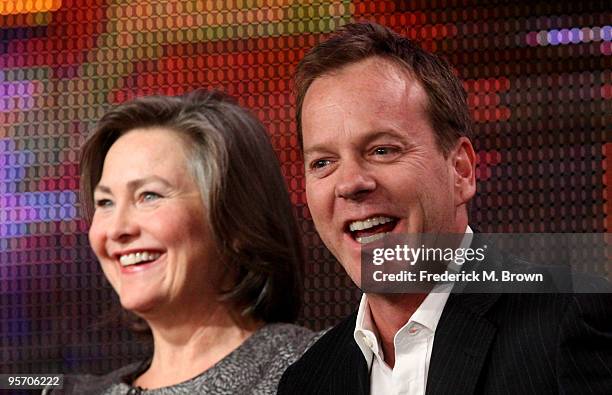 Actress Cherry Jones and actor/executive producer Kiefer Sutherland speak onstage at the FOX "24" portion of the 2010 Winter TCA Tour day 3 at the...