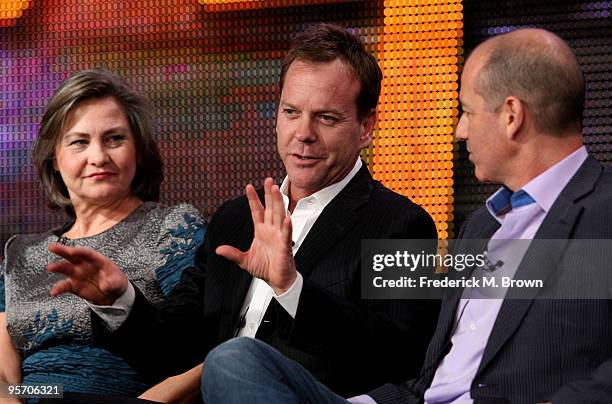 Actress Cherry Jones, actor/executive producer Kiefer Sutherland and executive producer Howard Gordon speak onstage at the FOX "24" portion of the...