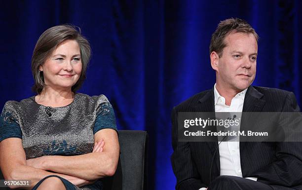 Actress Cherry Jones and actor/executive producer Kiefer Sutherland speak onstage at the FOX "24" portion of the 2010 Winter TCA Tour day 3 at the...