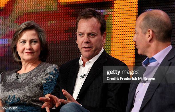 Actress Cherry Jones, actor/executive producer Kiefer Sutherland and executive producer Howard Gordon speak onstage at the FOX "24" portion of the...