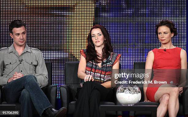 Actors Freddie Prinze Jr., Annie Wersching and Mary Lynn Rajskub speak onstage at the FOX "24" portion of the 2010 Winter TCA Tour day 3 at the...