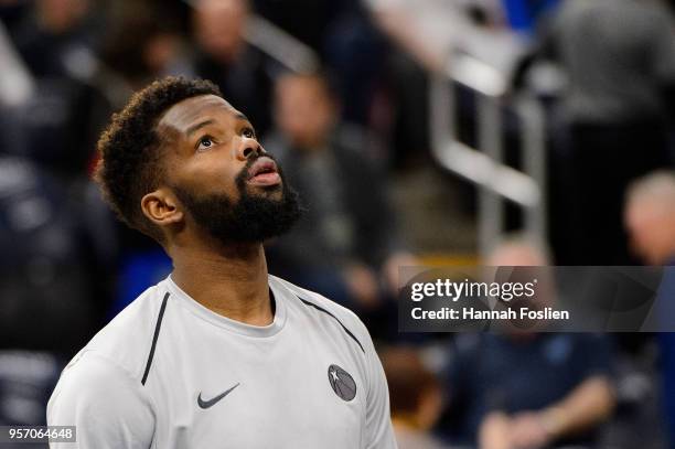 Aaron Brooks of the Minnesota Timberwolves looks on before the game against the Denver Nuggets on April 11, 2018 at the Target Center in Minneapolis,...