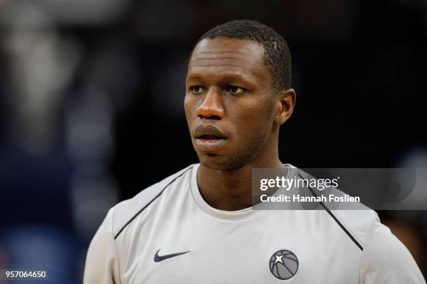 Gorgui Dieng of the Minnesota Timberwolves looks on before the game against the Denver Nuggets on April 11, 2018 at the Target Center in Minneapolis,...