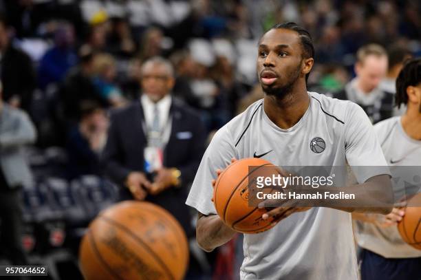 Andrew Wiggins of the Minnesota Timberwolves warms up before the game against the Denver Nuggets on April 11, 2018 at the Target Center in...