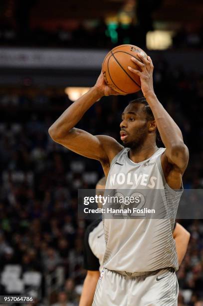 Andrew Wiggins of the Minnesota Timberwolves has the ball against the Denver Nuggets during the game on April 11, 2018 at the Target Center in...