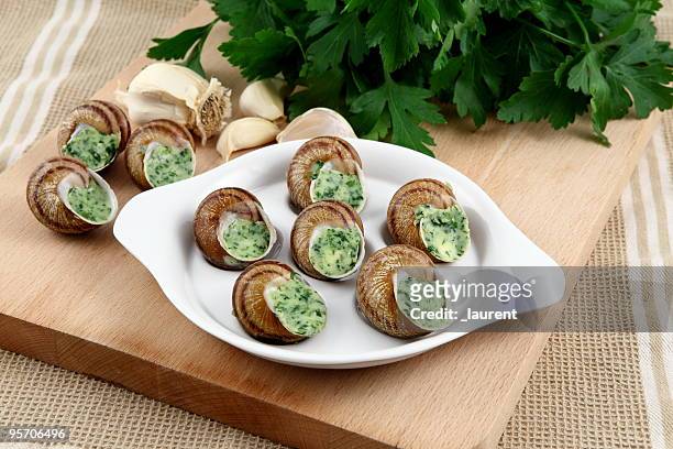 snails with garlic and parsley butter - slätpersilja bildbanksfoton och bilder