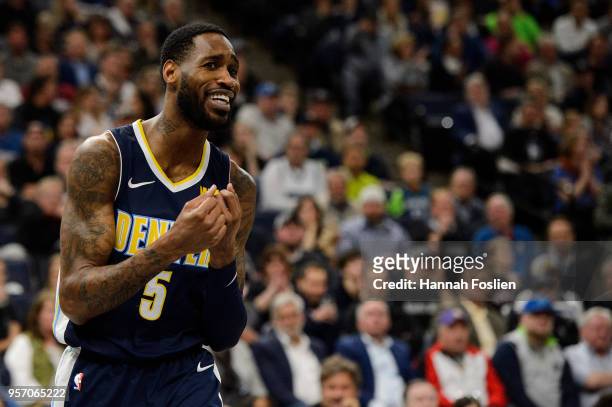 Will Barton of the Denver Nuggets reacts during the game against the Minnesota Timberwolves on April 11, 2018 at the Target Center in Minneapolis,...