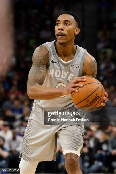 Jeff Teague of the Minnesota Timberwolves has the ball against the Denver Nuggets during the game on April 11, 2018 at the Target Center in...