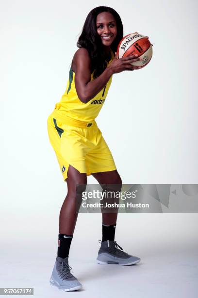 Crystal Langhorne poses for a portrait during the Seattle Storm Media Day on May 09, 2018 at Key Arena Seattle, Washington. NOTE TO USER: User...