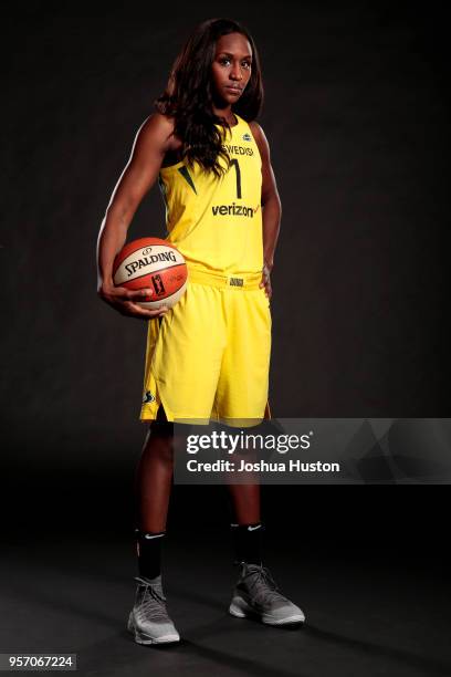 Crystal Langhorne poses for a portrait during the Seattle Storm Media Day on May 09, 2018 at Key Arena Seattle, Washington. NOTE TO USER: User...