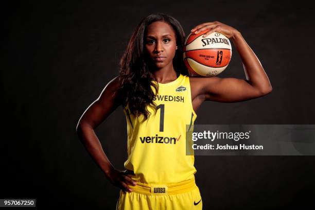 Crystal Langhorne poses for a portrait during the Seattle Storm Media Day on May 09, 2018 at Key Arena Seattle, Washington. NOTE TO USER: User...