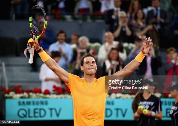 Rafael Nadal of Spain celebrates to the crowd after his straight set victory against Diego Schwartzman of Argentina in their third round match during...