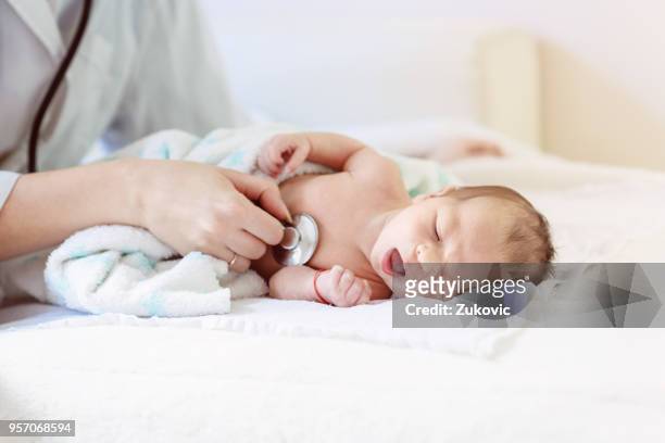 female doctor examines infant with stethoscope - examining newborn stock pictures, royalty-free photos & images