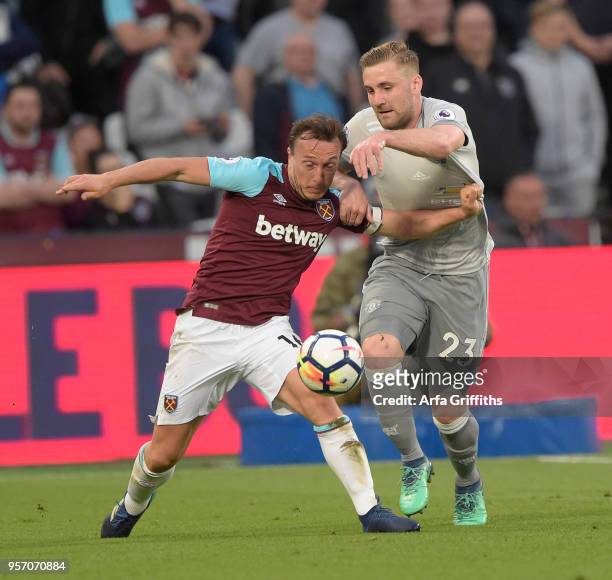 Mark Noble of West Ham United battles with Luke Shaw of Manchester United during the Premier League match between West Ham United and Manchester...