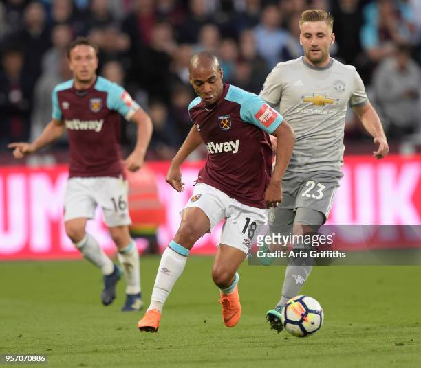 Joao Mario of West Ham United in action with Luke Shaw of Manchester United during the Premier League match between West Ham United and Manchester...