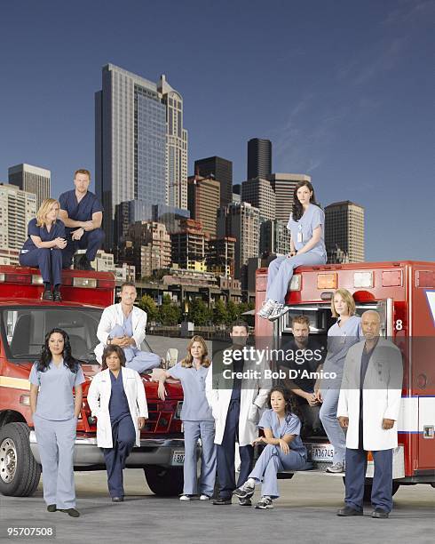 Walt Disney Television via Getty Images's "Grey's Anatomy" stars Ellen Pompeo as Meredith Grey, Patrick Dempsey as Derek Shepherd, Sandra Oh as...