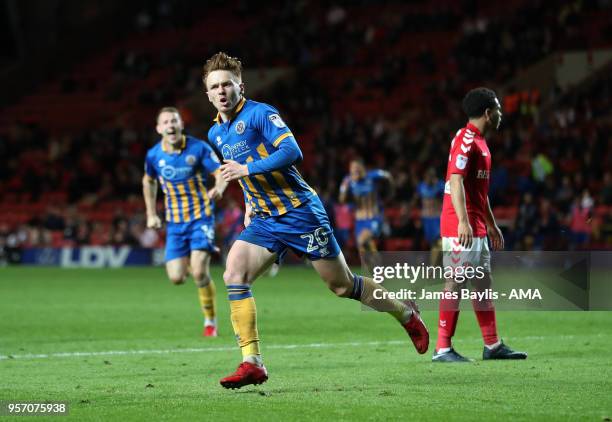 Jon Nolan of Shrewsbury Town celebrates after scoring a goal to make it 0-1 during the Sky Bet League One Play Off Semi Final:First Leg between...