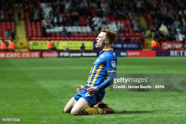 Jon Nolan of Shrewsbury Town celebrates after scoring a goal to make it 0-1 during the Sky Bet League One Play Off Semi Final:First Leg between...
