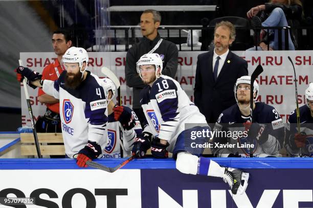 Antonin Manavian and Yohann Auvitu of France react during the 2018 IIHF Ice Hockey World Championship Group A between Slovakia and France at Royal...