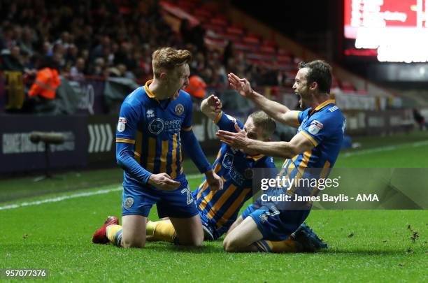 Jon Nolan of Shrewsbury Town celebrates with his team mates after scoring a goal to make it 0-1 during the Sky Bet League One Play Off Semi...