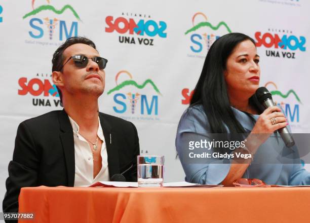 Marc Anthony and Executive Director of Salud Integral en la Montaña Gloria Del C Amador speak at an event where "SOMOS + SALUD" delivers state of the...