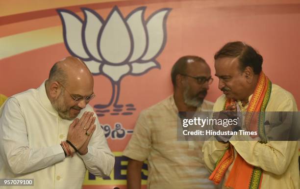 Bharatiya Janata Party national president Amit Shah and the Union minister Ananth Kumar during a BJP press conference on the last day of campaigning...