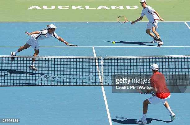 Horacio Zeballos of Argentina and Rogier Wassen of the Netherlands during their first round doubles match against Bob Bryan and Mike Bryan of the USA...