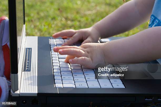 little girl's hands typing on laptop keyboard - animal finger stockfoto's en -beelden