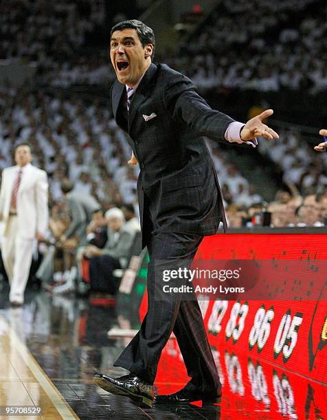 Jay Wright the Head Coach of the Villanova Wildcats reacts to a foul call on one of his players during the 92-84 win over the Louisville Cardinals...