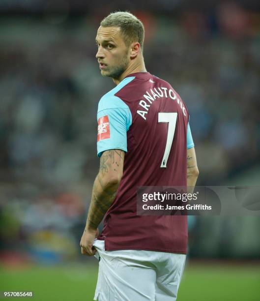 Marko Arnautovic of West Ham United in action during the Premier League match between West Ham United and Manchester United at London Stadium on May...