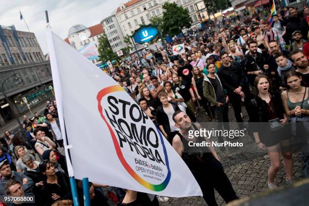 People demonstrate against homophobia and transphobia in Berlin Neukoelln, Germany on May 10, 2018. As last of a series of episodes of violence...