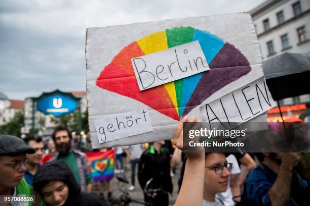 People demonstrate against homophobia and transphobia in Berlin Neukoelln, Germany on May 10, 2018. As last of a series of episodes of violence...