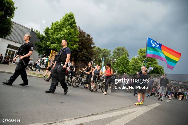 People demonstrate against homophobia and transphobia in Berlin Neukoelln, Germany on May 10, 2018. As last of a series of episodes of violence...