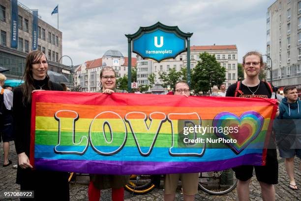 People demonstrate against homophobia and transphobia in Berlin Neukoelln, Germany on May 10, 2018. As last of a series of episodes of violence...