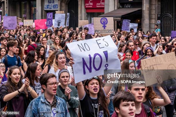 Sign with the text "no means no" is seen among the protesters. Under the slogan "it's not abuse, it's rape" more than 5,000 high school and...