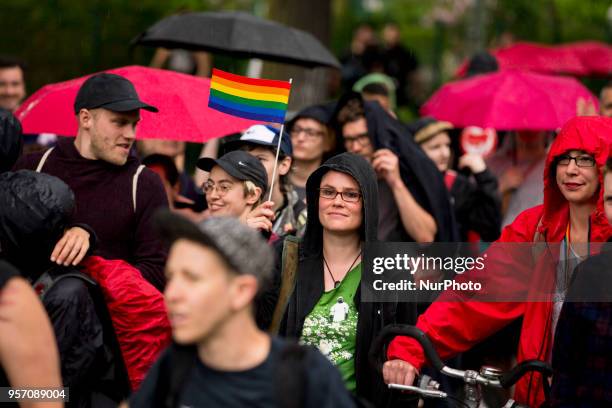 People demonstrate against homophobia and transphobia in Berlin Neukoelln, Germany on May 10, 2018. As last of a series of episodes of violence...