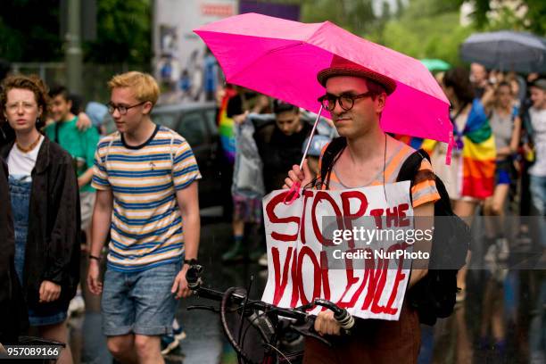 People demonstrate against homophobia and transphobia in Berlin Neukoelln, Germany on May 10, 2018. As last of a series of episodes of violence...