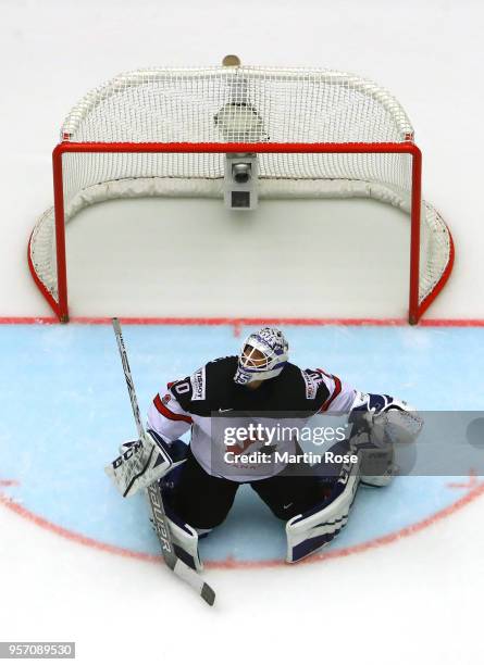 Curtis McElhinney, goaltender Canada tends net against Norway during the 2018 IIHF Ice Hockey World Championship Group B game between Norway and...