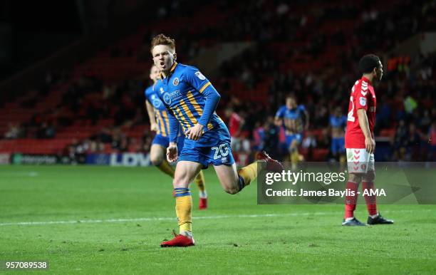 Jon Nolan of Shrewsbury Town celebrates after scoring a goal to make it 0-1 during the Sky Bet League One Play Off Semi Final:First Leg between...