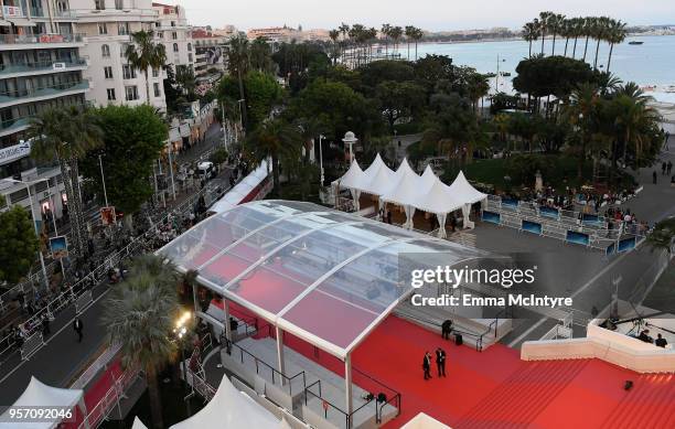 An ariel view of the red carpet during the 71st annual Cannes Film Festival at Palais des Festivals on May 10, 2018 in Cannes, France.