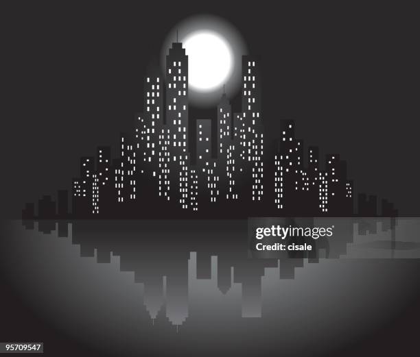 skyline der stadt mit mond und sterne in der nacht silhouette abbildung - stromausfall stock-grafiken, -clipart, -cartoons und -symbole