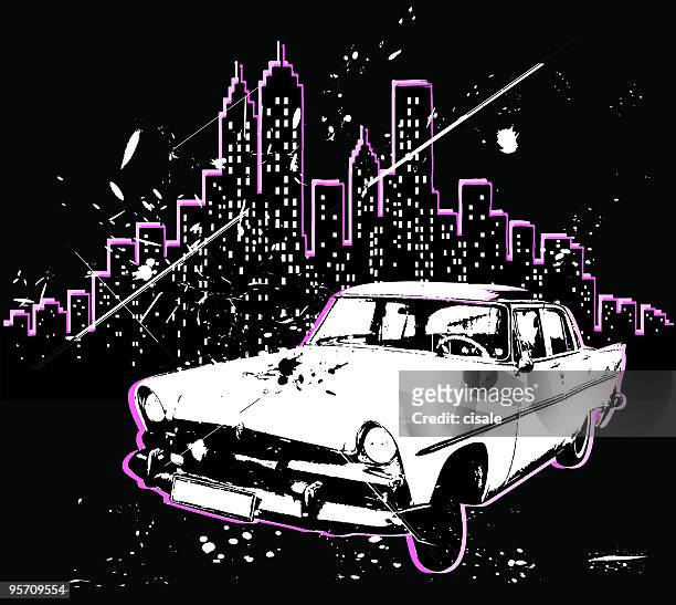 stockillustraties, clipart, cartoons en iconen met grunge city skyline and 50's retro car silhouette illustration - 1970s muscle cars