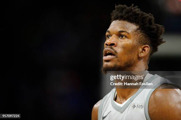 Jimmy Butler of the Minnesota Timberwolves looks on during the game against the Denver Nuggets on April 11, 2018 at the Target Center in Minneapolis,...